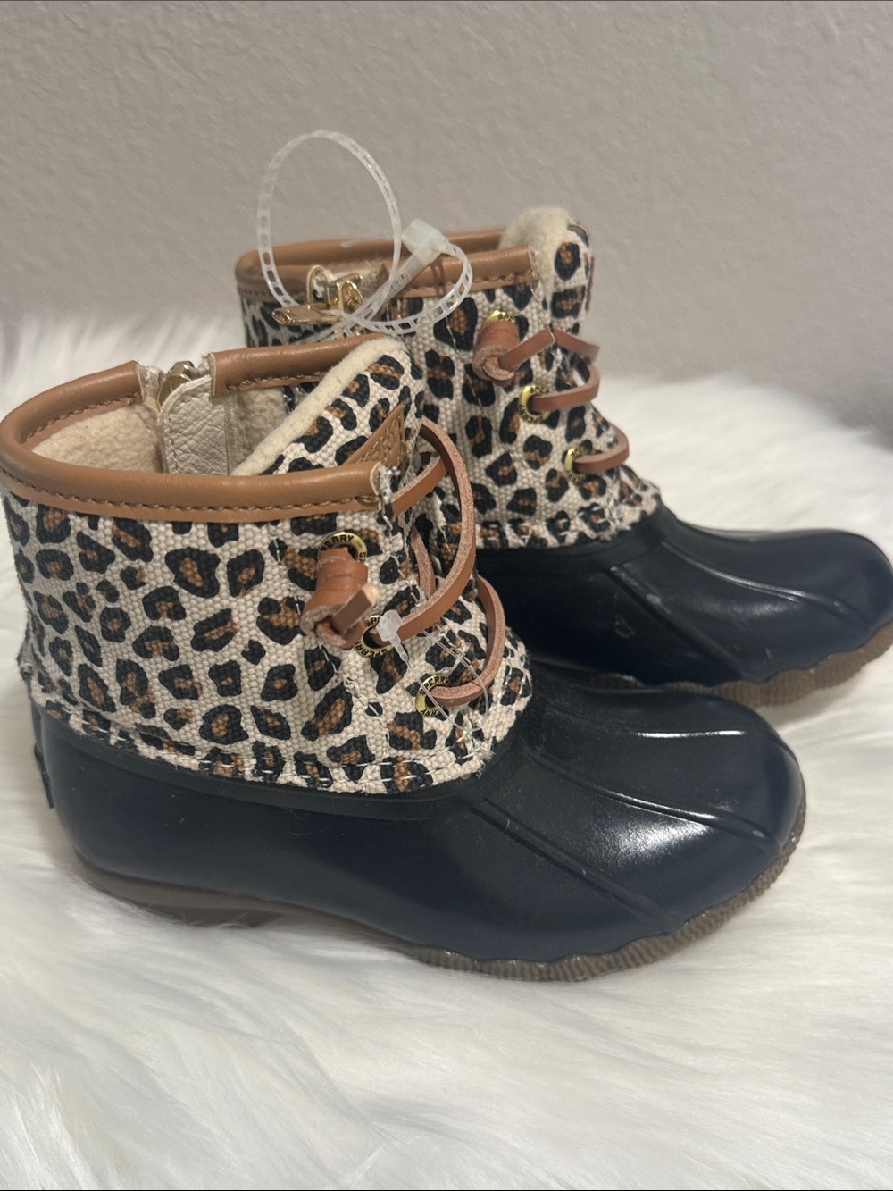 Sperry Girls Leopard Print Waterproof Rain Boots - Black/Brown/Tan - Picture 3 of 7